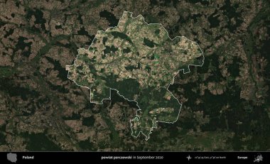 Powiat parchewski. Polonya 'nın idari alanı, Eylül 2020' de çekilen Kopernik Nöbetçi karolarından oluşan koyu renkli bir uydu görüntüsü üzerine vurgulandı ve özetlendi