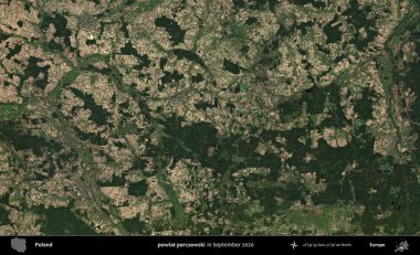 Powiat parchewski. Eylül 2020 'de Copernicus Sentinel karolarından oluşan bir uydu görüntüsü üzerine Polonya' nın idari bölgesi