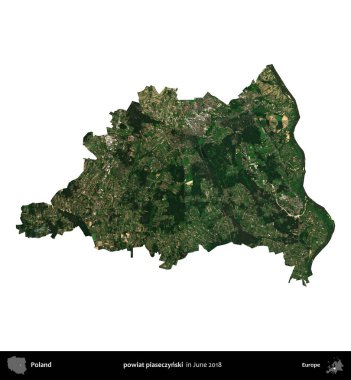 powiat piaseczynski. Polonya idari bölgesi, Haziran 2018 'de çekilen Kopernik Nöbetçi karolarından oluşan bir uydu görüntüsü üzerinde beyaza izole edildi.