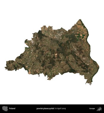 powiat piaseczynski. Polonya idari bölgesi, Nisan 2019 'da çekilen Kopernik Nöbetçi karolarından oluşan bir uydu görüntüsü üzerinde beyaza izole edildi.