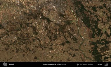 powiat piaseczynski. Copernicus Sentinel 'in Mart 2025' te çekilmiş uydu görüntüsü üzerine Polonya 'nın idari bölgesi