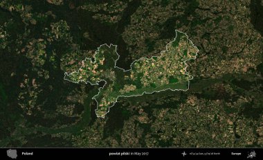 powiat pilski. Polonya 'nın idari alanı, Mayıs 2017' de çekilen Kopernik Nöbetçi karolarından oluşan koyu renkli bir uydu görüntüsü üzerinde vurgulandı ve özetlendi.