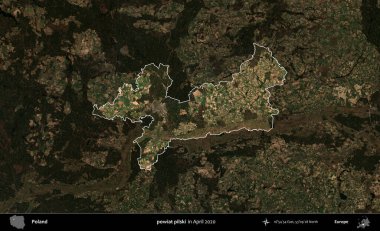 powiat pilski. Polonya 'nın idari alanı, Nisan 2020' de çekilen Kopernik Nöbetçi karolarından oluşan koyu renkli bir uydu görüntüsü üzerine vurgulandı ve özetlendi