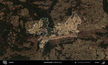 powiat pilski. Polonya 'nın idari alanı, Mart 2022' de çekilen Kopernik Nöbetçi karolarından oluşan koyu renkli bir uydu görüntüsü üzerine vurgulandı ve özetlendi.