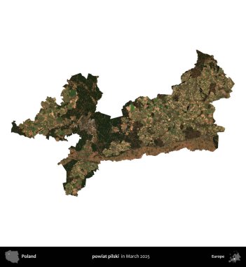 powiat pilski. Polonya idari bölgesi, Mart 2025 'te çekilen Kopernik Nöbetçi karolarından oluşan bir uydu görüntüsü üzerinde beyaza izole edildi.