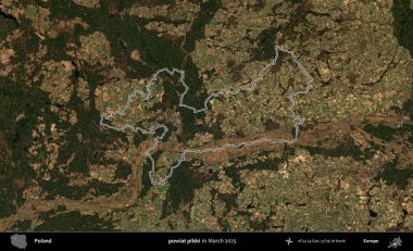 powiat pilski. Polonya 'nın idari bölgesinin ana hatları, Mart 2025' te çekilen Kopernik Nöbetçi karolarından oluşan bir uydu görüntüsü üzerine çizildi.