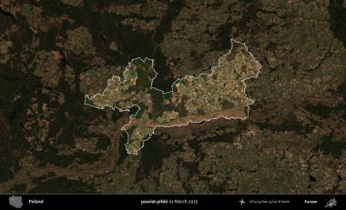 powiat pilski. Polonya 'nın idari alanı, Mart 2025' te çekilen Kopernik Nöbetçi karolarından oluşan koyu renkli bir uydu görüntüsü üzerine vurgulandı ve özetlendi
