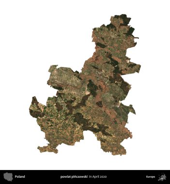 powiat pinczowski. Polonya idari bölgesi, Nisan 2020 'de çekilen Kopernik Nöbetçi karolarından oluşan bir uydu görüntüsü üzerinde beyaza izole edildi.