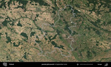 powiat pinczowski. Eylül 2020 'de çekilen Kopernik Nöbetçi karolarından oluşan bir uydu görüntüsü üzerine Polonya' nın idari bölgesinin ana hatlarını çizdim.