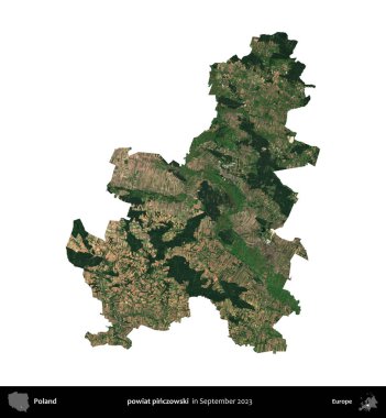 powiat pinczowski. Polonya idari bölgesi, Eylül 2023 'te çekilen Kopernik Nöbetçi karolarından oluşan bir uydu görüntüsü üzerinde beyaza izole edildi.