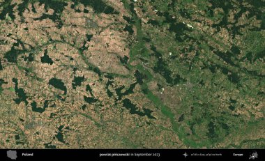 powiat pinczowski. Eylül 2023 'te Copernicus Sentinel karolarından oluşan uydu görüntüsü üzerine Polonya' nın idari bölgesi