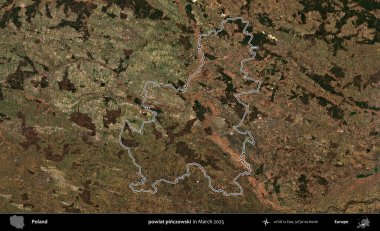 powiat pinczowski. Polonya 'nın idari bölgesinin ana hatları, Mart 2025' te çekilen Kopernik Nöbetçi karolarından oluşan bir uydu görüntüsü üzerine çizildi.