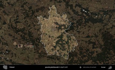 powiat piotrkowski. Polonya 'nın idari alanı, Nisan 2018' de çekilen Kopernik Nöbetçi karolarından oluşan koyu renkli bir uydu görüntüsü üzerine vurgulandı ve özetlendi
