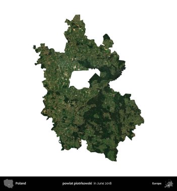 powiat piotrkowski. Polonya idari bölgesi, Haziran 2018 'de çekilen Kopernik Nöbetçi karolarından oluşan bir uydu görüntüsü üzerinde beyaza izole edildi.