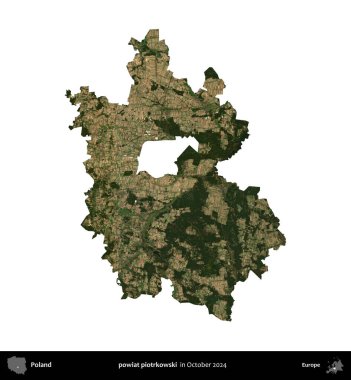 powiat piotrkowski. Polonya idari bölgesi, Ekim 2024 'te çekilen Kopernik Nöbetçi karolarından oluşan bir uydu görüntüsü üzerinde beyaza izole edildi.