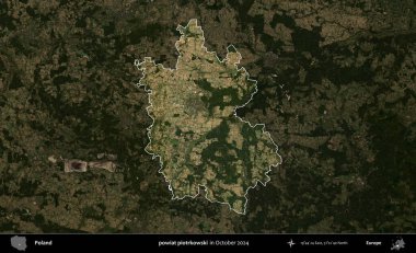 powiat piotrkowski. Polonya 'nın idari alanı, Ekim 2024' te çekilen Kopernik Nöbetçi karolarından oluşan koyu renkli bir uydu görüntüsü üzerine vurgulandı ve özetlendi