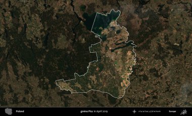 gmina Pisz. Polonya 'nın idari alanı, Nisan 2019' da çekilen Kopernik Nöbetçi karolarından oluşan koyu renkli bir uydu görüntüsü üzerine vurgulandı ve özetlendi.