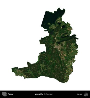 gmina Pisz. Polonya idari bölgesi, Haziran 2019 'da çekilen Kopernik Nöbetçi karolarından oluşan bir uydu görüntüsü üzerinde beyaza izole edildi.