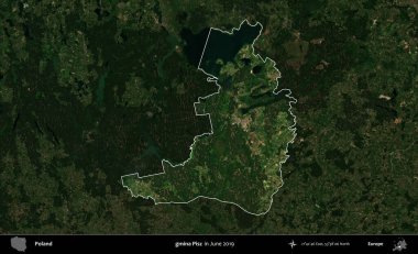 gmina Pisz. Polonya 'nın idari alanı, Haziran 2019' da çekilen Kopernik Nöbetçi karolarından oluşan koyu renkli bir uydu görüntüsü üzerine vurgulandı ve özetlendi.