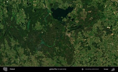 gmina Pisz. Copernicus Sentinel 'in Haziran 2019' da çekilmiş uydu görüntüsü üzerine Polonya 'nın idari bölgesi.