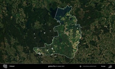 gmina Pisz. Polonya 'nın idari alanı, Haziran 2021' de çekilen Kopernik Nöbetçi karolarından oluşan koyu renkli bir uydu görüntüsüyle vurgulandı ve özetlendi