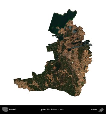 gmina Pisz. Polonya idari bölgesi, Mart 2022 'de çekilen Kopernik Nöbetçi karolarından oluşan bir uydu görüntüsü üzerinde beyaza izole edildi.