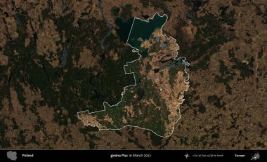 gmina Pisz. Polonya 'nın idari alanı, Mart 2022' de çekilen Kopernik Nöbetçi karolarından oluşan koyu renkli bir uydu görüntüsü üzerine vurgulandı ve özetlendi.
