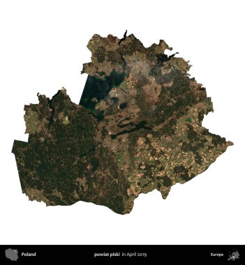 powiat piski. Polonya idari bölgesi, Nisan 2019 'da çekilen Kopernik Nöbetçi karolarından oluşan bir uydu görüntüsü üzerinde beyaza izole edildi.