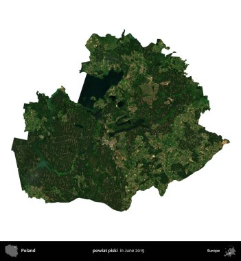 powiat piski. Polonya idari bölgesi, Haziran 2019 'da çekilen Kopernik Nöbetçi karolarından oluşan bir uydu görüntüsü üzerinde beyaza izole edildi.