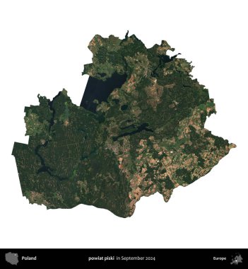 powiat piski. Polonya idari bölgesi, Eylül 2024 'te çekilen Kopernik Nöbetçi karolarından oluşan bir uydu görüntüsü üzerinde beyaza izole edildi.