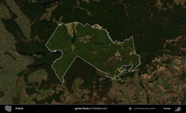 gmina Plaska. Polonya 'nın idari alanı, Ekim 2021' de çekilen Kopernik Nöbetçi karolarından oluşan koyu renkli bir uydu görüntüsü üzerine vurgulandı ve özetlendi