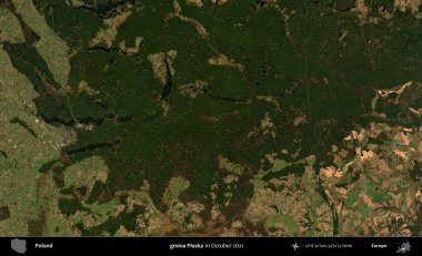 gmina Plaska. Polonya 'nın idari bölgesi, Ekim 2021' de çekilen Kopernik Sentinel karolarından oluşan bir uydu görüntüsü üzerine kurulmuştur.