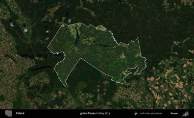 gmina Plaska. Polonya 'nın idari alanı, Mayıs 2023' te çekilen Kopernik Nöbetçi karolarından oluşan koyu renkli bir uydu görüntüsü üzerinde vurgulandı ve özetlendi.