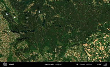 gmina Plaska. Copernicus Sentinel 'in Mayıs 2023' te çekilmiş uydu görüntüsü üzerine Polonya 'nın idari bölgesi.