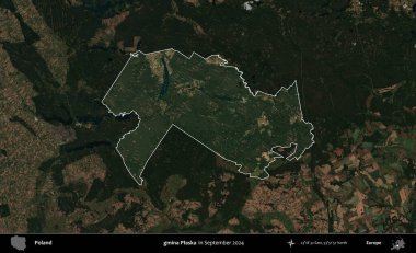 gmina Plaska. Polonya 'nın idari alanı, Eylül 2024' te çekilen Kopernik Nöbetçi karolarından oluşan koyu renkli bir uydu görüntüsü üzerine vurgulandı ve özetlendi
