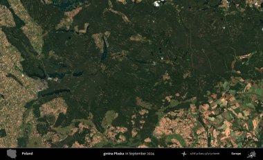 gmina Plaska. Eylül 2024 'te çekilen Kopernik Sentinel karolarından oluşan uydu görüntüsü üzerine Polonya' nın idari bölgesi