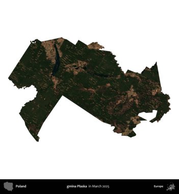 gmina Plaska. Polonya idari bölgesi, Mart 2025 'te çekilen Kopernik Nöbetçi karolarından oluşan bir uydu görüntüsü üzerinde beyaza izole edildi.