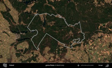gmina Plaska. Polonya 'nın idari bölgesinin ana hatları, Mart 2025' te çekilen Kopernik Nöbetçi karolarından oluşan bir uydu görüntüsü üzerine çizildi.
