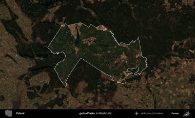 gmina Plaska. Polonya 'nın idari alanı, Mart 2025' te çekilen Kopernik Nöbetçi karolarından oluşan koyu renkli bir uydu görüntüsü üzerine vurgulandı ve özetlendi