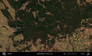 gmina Plaska. Copernicus Sentinel 'in Mart 2025' te çekilmiş uydu görüntüsü üzerine Polonya 'nın idari bölgesi