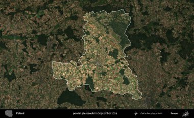 powiat pleszewski. Polonya 'nın idari alanı, Eylül 2024' te çekilen Kopernik Nöbetçi karolarından oluşan koyu renkli bir uydu görüntüsü üzerine vurgulandı ve özetlendi