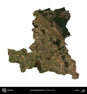 powiat pleszewski. Polonya idari bölgesi, Mart 2025 'te çekilen Kopernik Nöbetçi karolarından oluşan bir uydu görüntüsü üzerinde beyaza izole edildi.