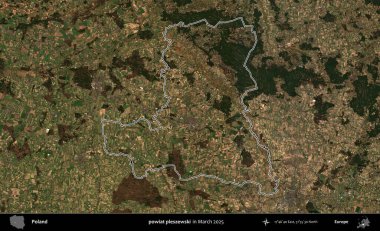 powiat pleszewski. Polonya 'nın idari bölgesinin ana hatları, Mart 2025' te çekilen Kopernik Nöbetçi karolarından oluşan bir uydu görüntüsü üzerine çizildi.