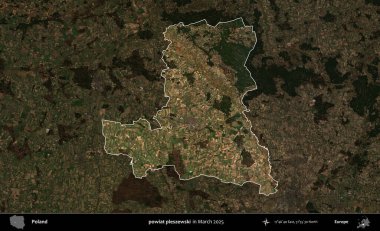 powiat pleszewski. Polonya 'nın idari alanı, Mart 2025' te çekilen Kopernik Nöbetçi karolarından oluşan koyu renkli bir uydu görüntüsü üzerine vurgulandı ve özetlendi