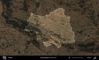 powiat plocki. Polonya 'nın idari alanı, Nisan 2018' de çekilen Kopernik Nöbetçi karolarından oluşan koyu renkli bir uydu görüntüsü üzerine vurgulandı ve özetlendi