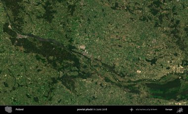 powiat plocki. Copernicus Sentinel 'in Haziran 2018' de çekilmiş uydu görüntüsü üzerine Polonya 'nın idari bölgesi