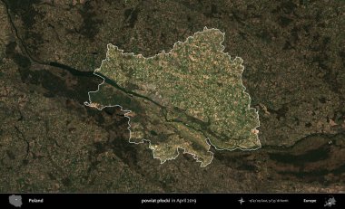 powiat plocki. Polonya 'nın idari alanı, Nisan 2019' da çekilen Kopernik Nöbetçi karolarından oluşan koyu renkli bir uydu görüntüsü üzerine vurgulandı ve özetlendi.