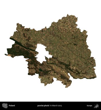 powiat plocki. Polonya idari bölgesi, Mart 2025 'te çekilen Kopernik Nöbetçi karolarından oluşan bir uydu görüntüsü üzerinde beyaza izole edildi.