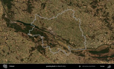 powiat plocki. Polonya 'nın idari bölgesinin ana hatları, Mart 2025' te çekilen Kopernik Nöbetçi karolarından oluşan bir uydu görüntüsü üzerine çizildi.