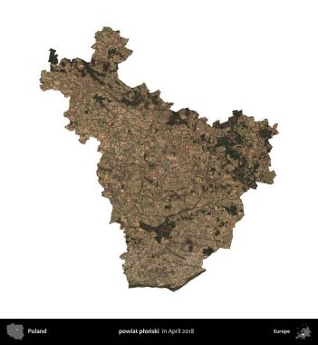 Powiat Pplonski. Polonya idari bölgesi, Nisan 2018 'de çekilen Kopernik Nöbetçi karolarından oluşan bir uydu görüntüsü üzerinde beyaza izole edildi.